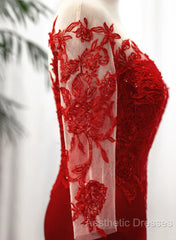 Red Satin With Lace Round Neckline Party Dresses, Red Satin Evening Dresses