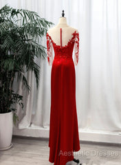 Red Satin With Lace Round Neckline Party Dresses, Red Satin Evening Dresses