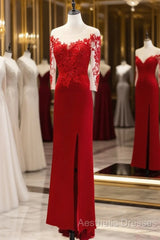 Red Satin With Lace Round Neckline Party Dresses, Red Satin Evening Dresses