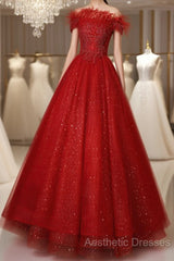Red Scoop Ball Gown Shiny Tulle Off Shoulder Party Dresses, Red Sweet 16 Dresses Formal Dresses