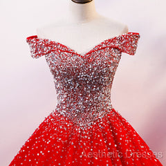 Red Sparkle Tulle Sweetheart Party Dresses, Shiny Sweet 16 Dresses