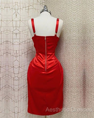 Red Sweetheart Neckline Slit Homecoming Dresses Midi Evening Prom Dresses