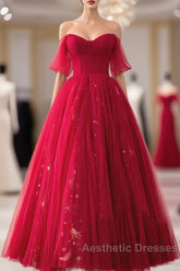 Red Sweetheart Tulle Long Formal Dresses, Red Off Shoulder Party Dresses Evening Prom Dresses