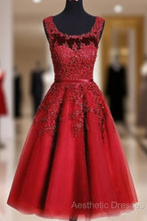 Red Tea Length Round Homecoming Dresses, Lace Applique Red Party Dresses, Vintage Style Evening Prom Dresses