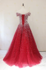 Red Tulle Beaded Off The Shoulder Long Party Gown, Red Formal Dresses