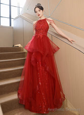 Red Tulle Halter A-line Long Evening Dress, Red Tulle Prom Dress Party Dress