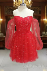Red Tulle Long Puffy Sleeves Short Evening Prom Dresses, Red Tulle Homecoming Dresses