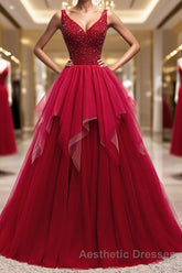 Red V Neck Long Evening Prom Dresses with Corset Back, Red Floor Length Evening Prom Gown, Evening Dresses