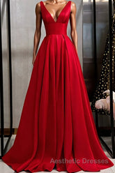 Red v neck satin long Evening Prom Dresses simple red evening Dresses