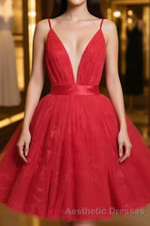 Red v neck tulle lace short Evening Prom Dresses,Mini homecoming Dresses cocktail Dresses