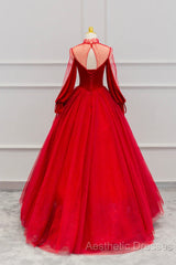 Red Velvet And Tulle Floor Length Evening Prom Dresses, Long Sleeve Beautiful A-Line Party Dresses