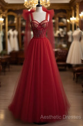 Red Velvet Evening Prom Dresses Tulle Evening Gowns