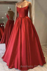 Red Satin Spaghetti Straps Long Evening Prom Dresses, Puffy Princess Formal Gown