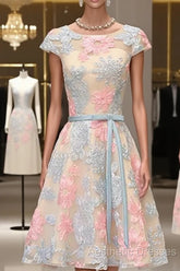 Round Neck Colorful Short Cap Sleeves Lace Evening Prom Dresses, Short Colorful Lace Graduation Homecoming Dresses