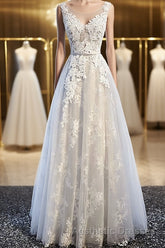 Round Neck Gray Lace Evening Prom Dresses with Corset Back, Gray Lace Formal Evening Bridesmaid Dresses