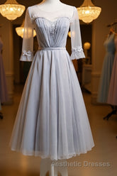 Round Neck Long Sleeves Blue Evening Prom Dresses, Long Sleeves Blue Formal Bridesmaid Evening Dresses