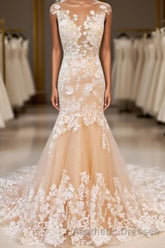 Round Neck Mermaid Champagne Lace Long Evening Prom Dresses, Mermaid Champagne Formal Dresses, Champagne Lace Evening Dresses