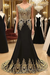 Round Neck Mermaid Lace Applique Black Evening Prom Dresses, Lace Black Formal Dresses