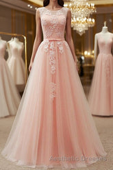 Round Neck Pink Lace Long Evening Prom Dresses, Pink Lace Bridesmaid Dresses