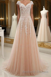 Round Neck Pink Lace Evening Prom Dresses, Pink Lace Formal Evening Dresses