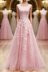 Round Neck Pink Lace Evening Prom Dresses, Pink Lace Long Formal Evening Dresses