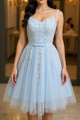 Round Neck Short Blue Lace Evening Prom Dresses, Short Blue Lace Homecoming Graduation Dresses