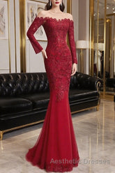 Round Neck Short Sleeves Mermaid Burgundy Lace Long Evening Prom Dresses, Mermaid Burgundy Lace Formal Dresses, Wine Red Evening Dresses