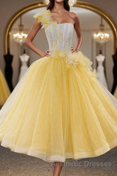 Round Neck Yellow Lace Tulle Evening Prom Dresses, Yellow Lace Short Homecoming Dresses, Yellow Formal Graduation Evening Dresses