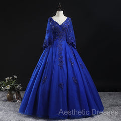 Royal Blue Ball Gown Lace Applique Quinceanera Dresses, Tulle Floor Length Sweet 16 Dresses