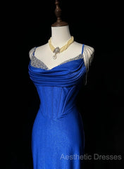 Royal Blue Elegant Mermaid Satin Spaghetti Strap Long Evening Prom Dresses Beaded Formal Evening Gown