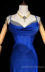 Royal Blue Elegant Mermaid Satin Spaghetti Strap Long Evening Prom Dresses Beaded Formal Evening Gown