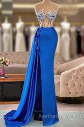 Royal Blue Mermaid Beading See Through Evening Prom Dresses