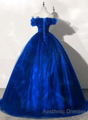 Royal Blue Off Shoulder Beaded Ball Gown Dresses, Royal Blue Sweet 16 Dresses