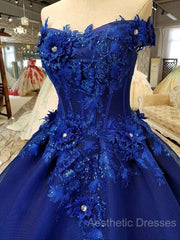 Royal Blue Off-The-Shoulder Evening Dresses, Appliques Formal Evening Prom Dresses