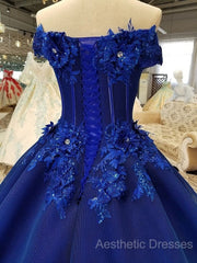 Royal Blue Off-The-Shoulder Evening Dresses, Appliques Formal Evening Prom Dresses