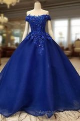 Royal Blue Off-The-Shoulder Evening Dresses, Appliques Formal Evening Prom Dresses