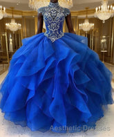 Royal Blue Organza High Neck Quinceanera Dresses Burgundy Evening Prom Dresses