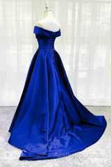 Royal Blue Satin A-Line Long Party Dresses, Simple Long Evening Prom Dresses Evening Dresses