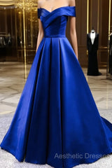 Royal Blue Satin A-Line Long Party Dresses, Simple Long Evening Prom Dresses Evening Dresses