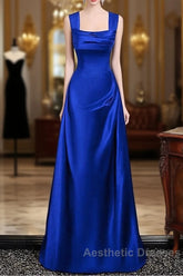 Royal Blue Satin A-Line Simple Long Party Dresses, Royal Blue Satin Floor Length Evening Prom Dresses