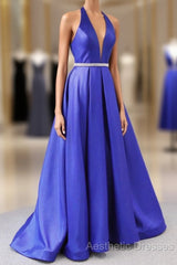 Royal Blue Satin Deep V Neck Simple Long Evening Prom Dresses Backless Party Dresses