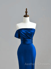 Royal Blue Satin Mermaid Scoop Long Party Dresses, Royal Blue Evening Prom Dresses
