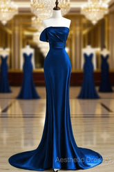 Royal Blue Satin Mermaid Scoop Long Party Dresses, Royal Blue Evening Prom Dresses
