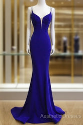 Royal Blue Satin V Neck Mermaid Evening Dresses With Cross Back