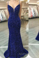 Royal Blue Sequin Beaded Mermaid Evening Prom Dresses Spaghetti Straps