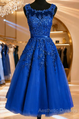 Royal Blue Tulle Tea Length Applique Round Neckline Formal Dresses, Blue Wedding Party Dresses