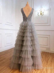 Ruffles Tulle V Neck Gray Sequin Long Evening Prom Dresses