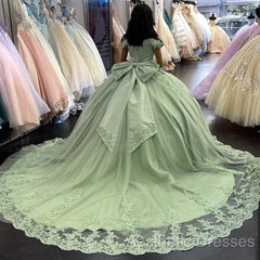 Sage Green Princess Quinceanera Dresses Ball Gown Applique Off Shoulder Sweet 16 Evening Prom Dresses