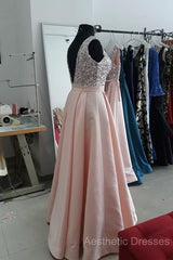 Sequins V-Neck Floor Length Satin Evening Prom Dresses
