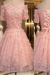 Short A-Line Junior Cute Off Shoulder Full Lace Appliques Beads Sweetheart Lace Up Back Homecoming Dresses